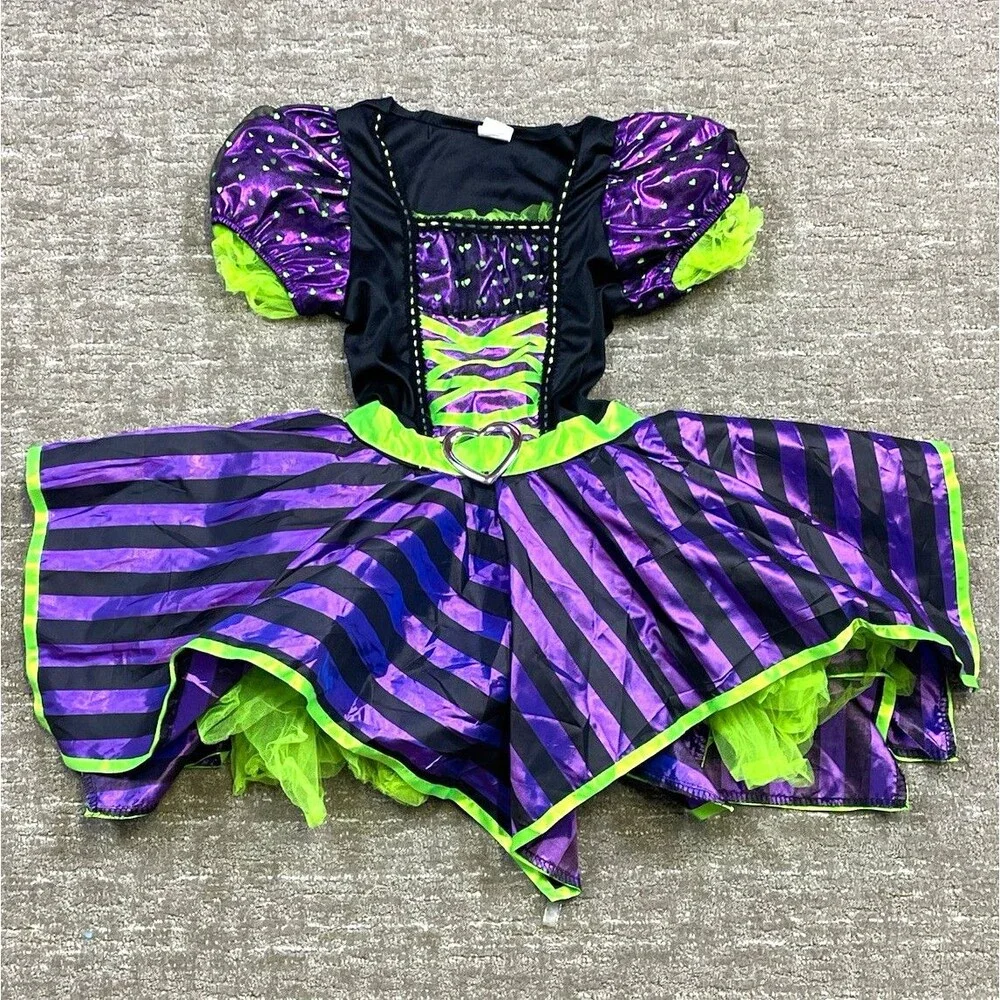 Girls Witch Costume Dress Purple Black Green Striped Halloween medium M 7/8